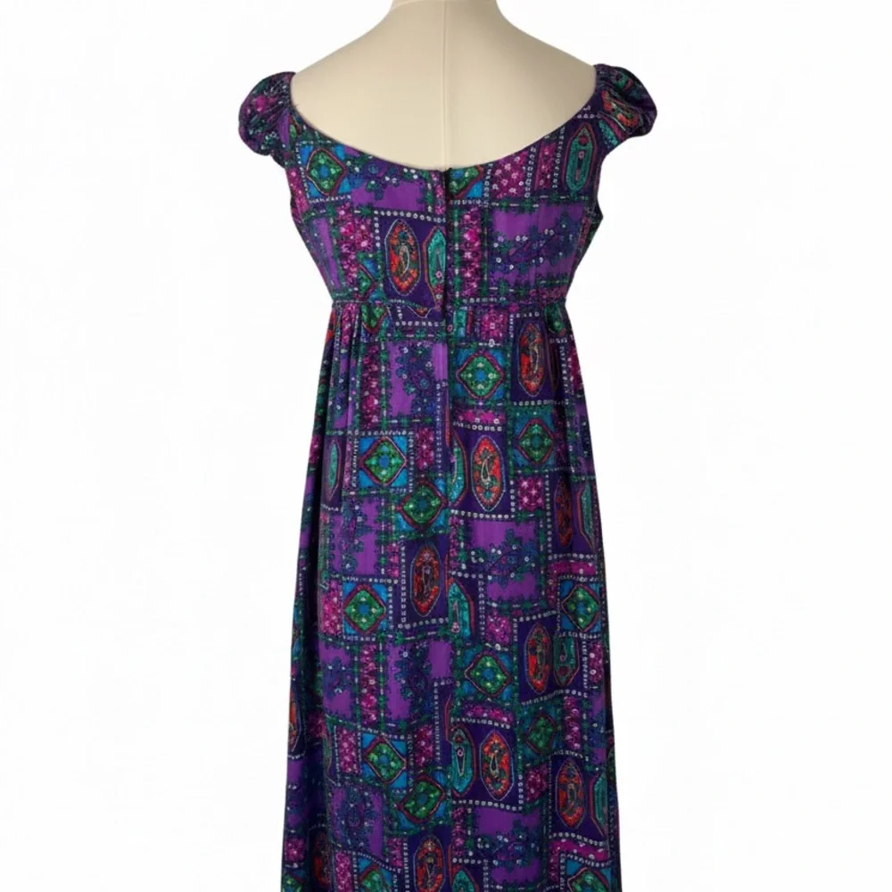 Vintage Hawaiian Purple Psychedelic Floral Patterned Maxi Dress Cap Sleeve Sa-Ne - Picture 5 of 16